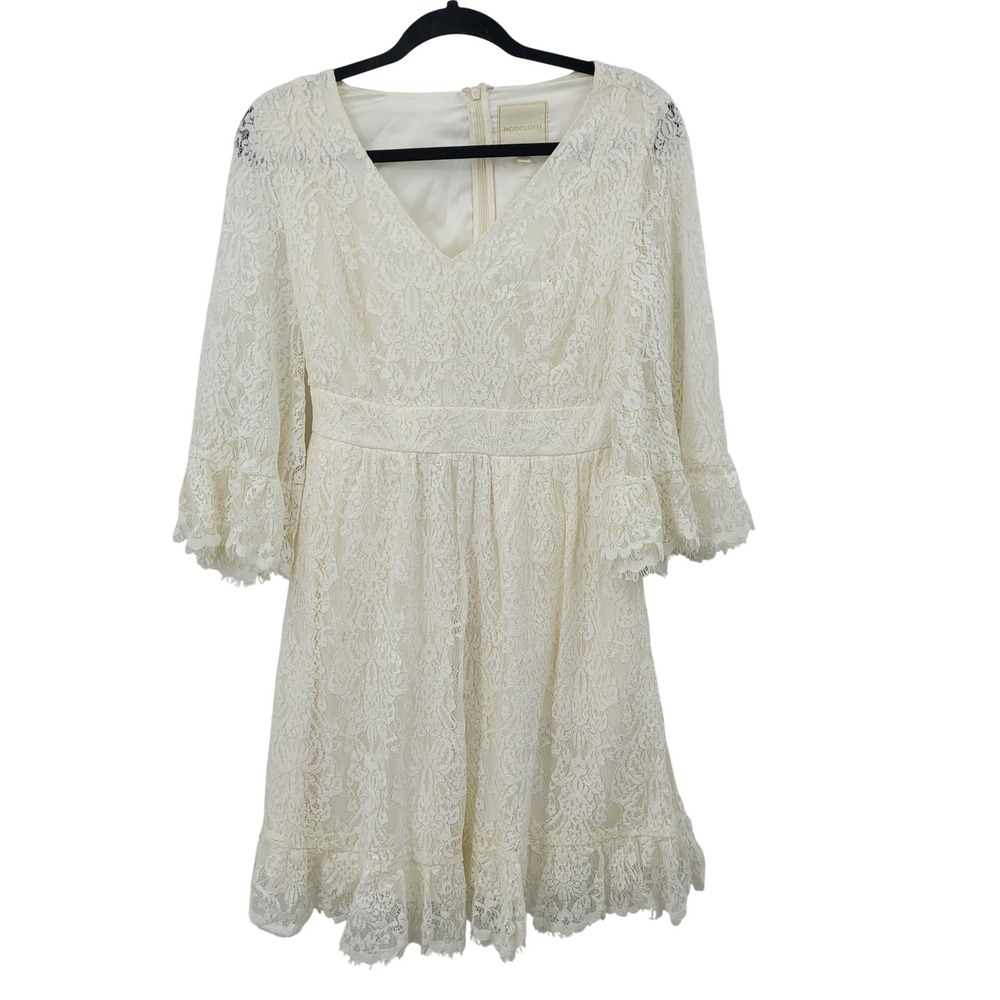 ModCloth Boho Bridal Ivory Floral Lace Mini Dress Bell Sleeves V-Neck Cream Sz S - Picture 3 of 10